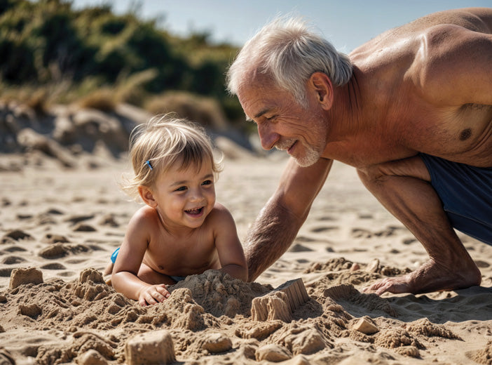 man on beach with child playing in the sand