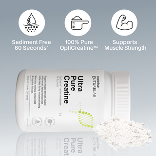 Ultra Pure Creatine supplement tub with features listed on a grey background