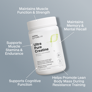 Tub of Ultra Pure Creatine with text highlighting its benefits on a grey background