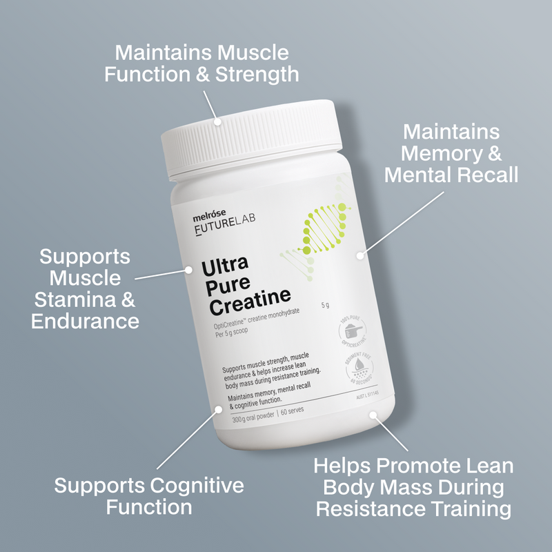 Tub of Ultra Pure Creatine with text highlighting its benefits on a grey background