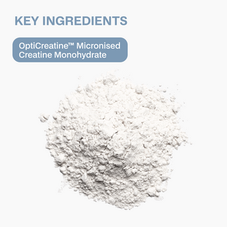 White powder labeled 'OptiCreatine Micronised Creatine Monohydrate' on a white background