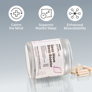 Container of Deep Wave Sleep Booster with icons and text on a grey background