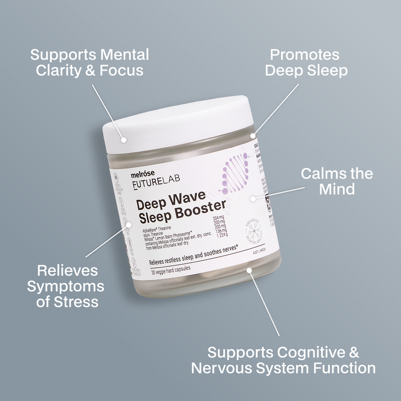 Melrose FutureLab Deep Wave Sleep Booster jar with text highlighting benefits on a grey background