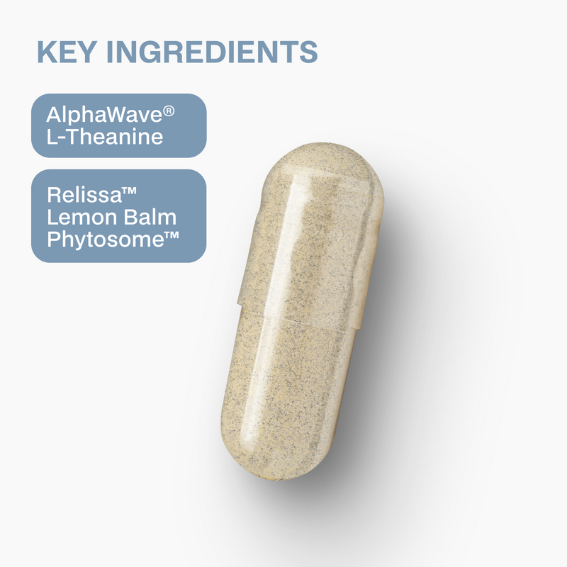 Supplement capsule with key ingredients listed on a white background
