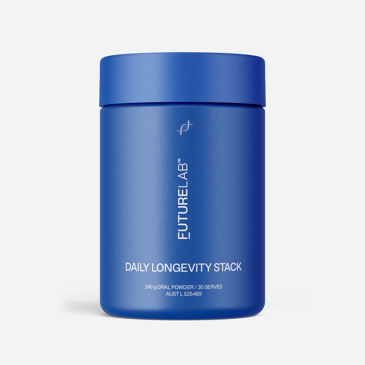 A blue cylindrical jar of FUTURELAB Daily Longevity Stack on a light gray background.