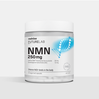 Melrose FutureLab NMN 500 mg supplement container on a white background