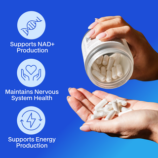 Hand holding a container of white capsules with blue background and health benefits text.