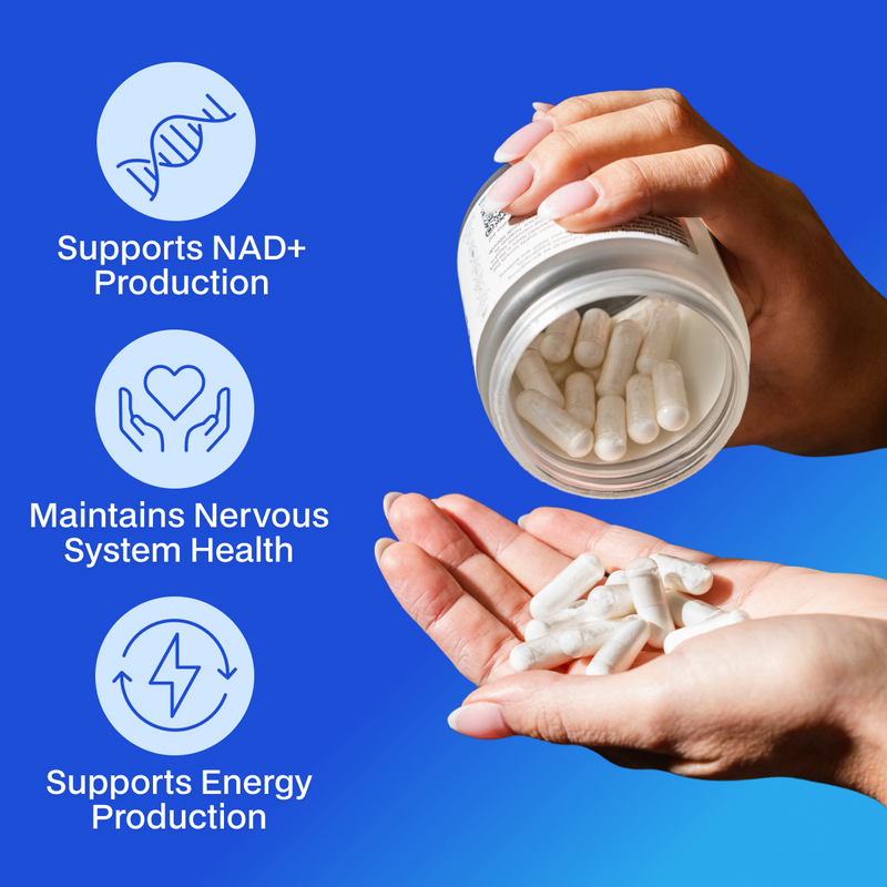 Hand holding a container of white capsules with blue background and health benefits text.