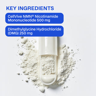 Capsule with powder and key ingredients listed on a white background