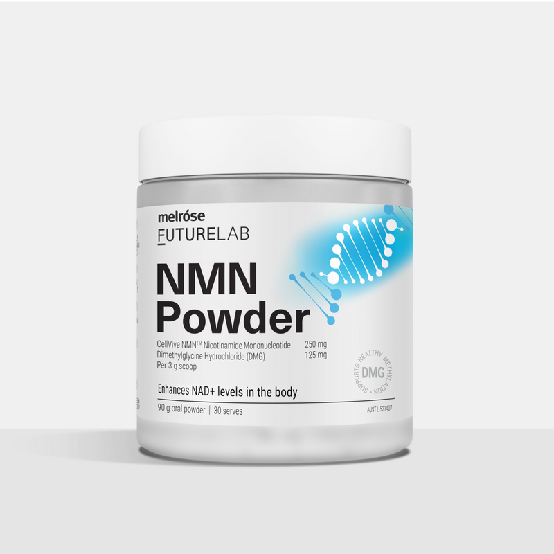 Container of melrose Futurelab NMN Powder on a white background
