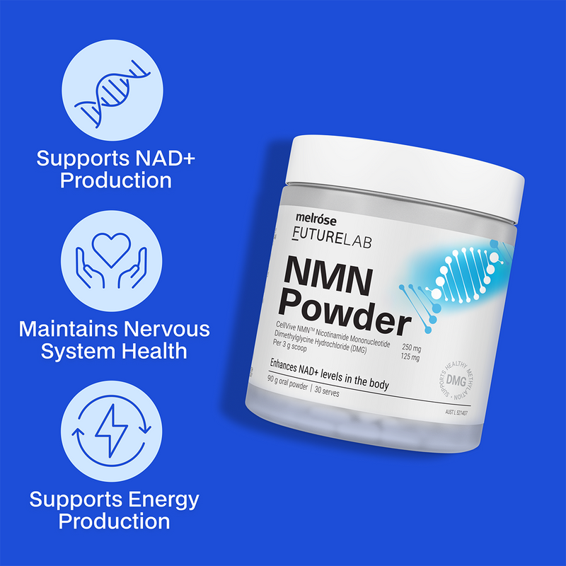 NRMN Powder container with benefits on a blue background