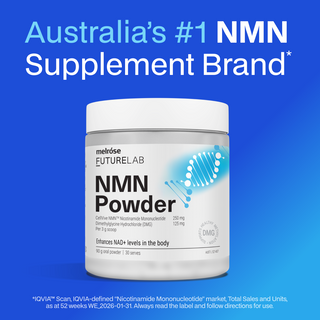 NMN powder container with blue background and text highlighting it as Australia's #1 NMN supplement brand.