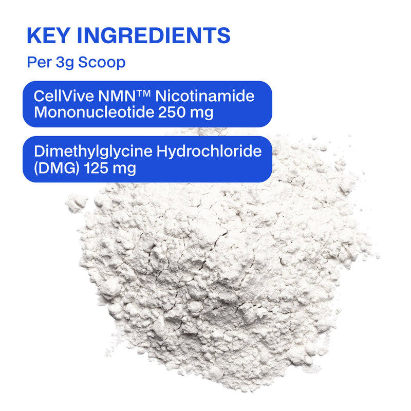 White powder with key ingredients listed above on a white background