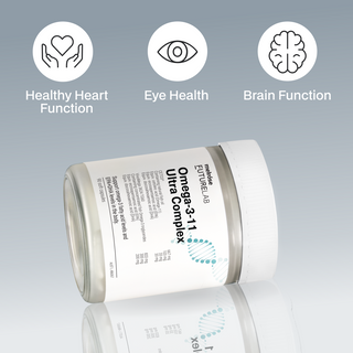 Omega-3-11 supplement container with icons and text highlighting health benefits on a grey background