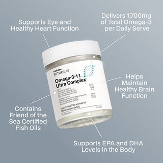 Omega-3 supplement container with text highlighting benefits on a grey background