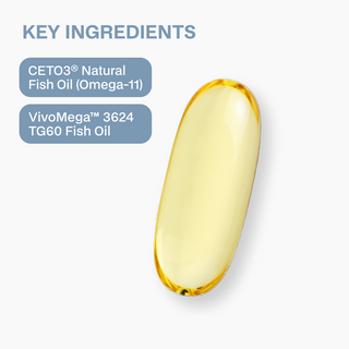 Fish oil capsule with key ingredients listed on a white background