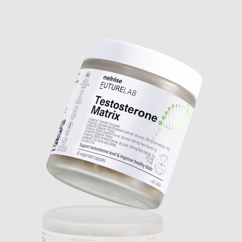 Melrose FutureLab Testosterone Matrix supplement container on a white background