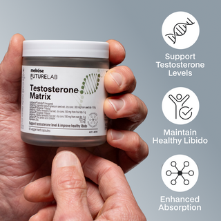 Hand holding a jar of Melrose Futurelab Testosterone Matrix with product features on a gray background