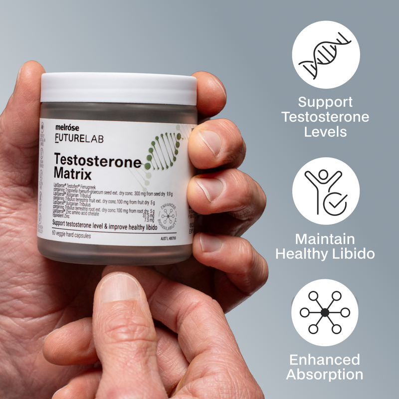 Hand holding a jar of Melrose Futurelab Testosterone Matrix with product features on a gray background