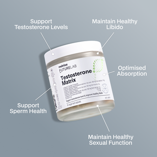 Container of Futurelab Testosterone Matrix with labeled benefits on a gray background