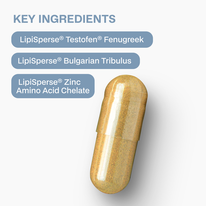 Supplement capsule with key ingredients listed on a white background