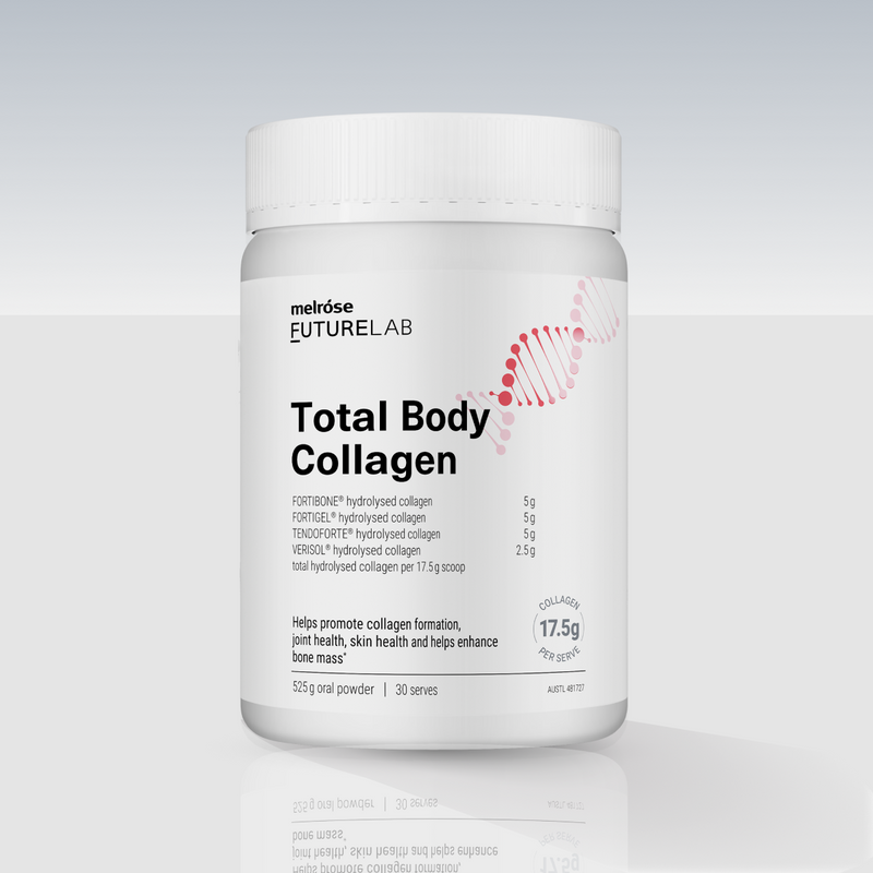 Melrose FutureLab Total Body Collagen container on a light gray background