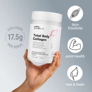Hand holding a container of Total Body Collagen with health benefits on a gray background