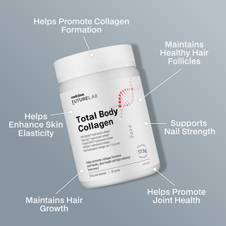 Melrose Futurelab Total Body Collagen supplement container with text highlighting benefits on a grey background