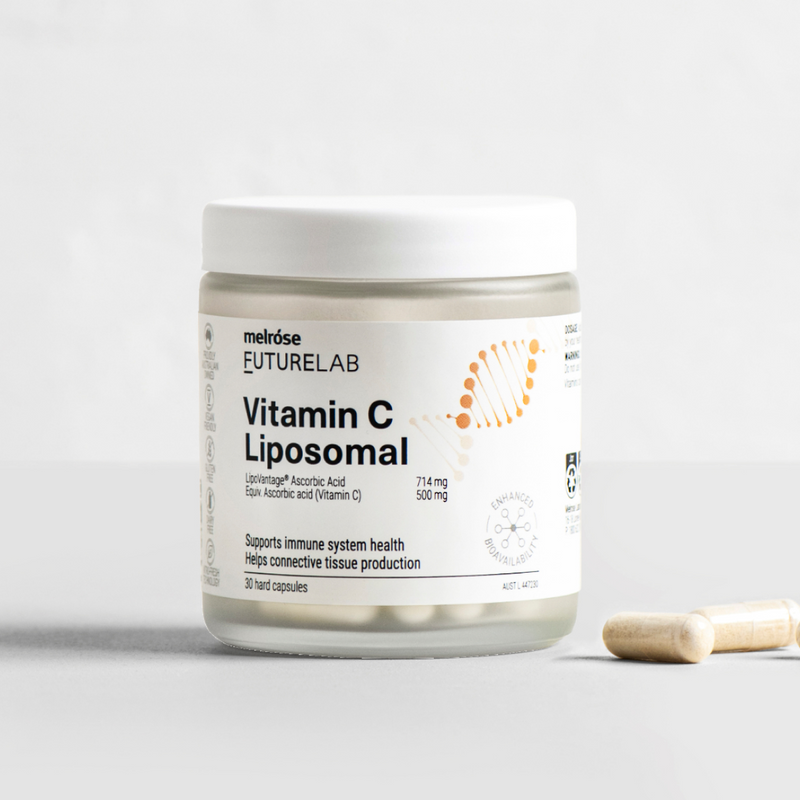 Vitamin C liposomal supplement jar with a capsule on a light gray background