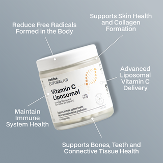 Melrose Futurelab Vitamin C Liposomal supplement container with text highlighting benefits on a grey background