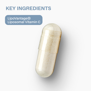 Capsule with LipoVantage Liposomal Vitamin C written on a white background
