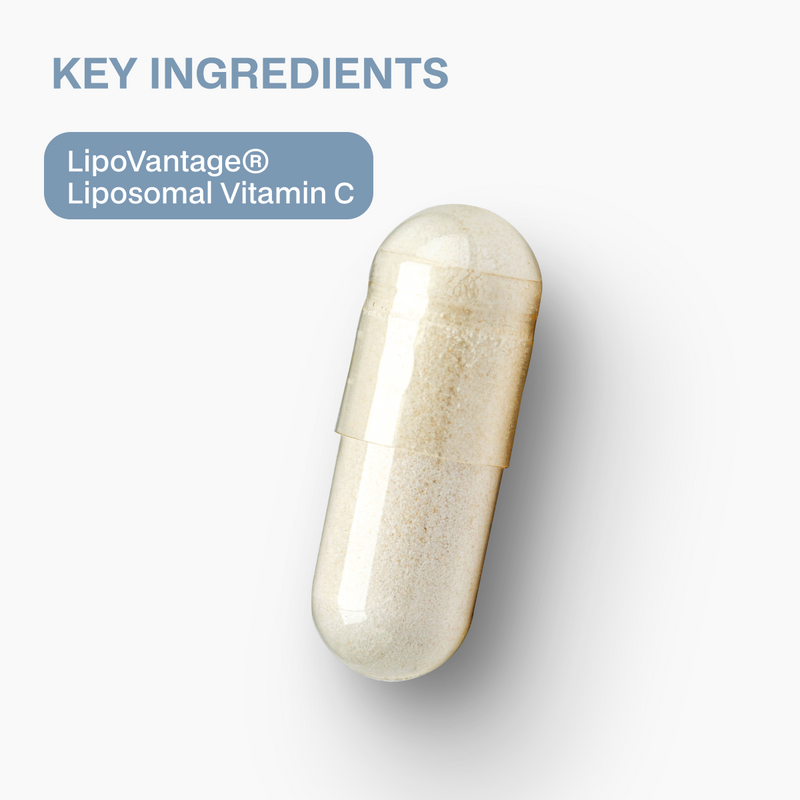 Capsule with LipoVantage Liposomal Vitamin C written on a white background