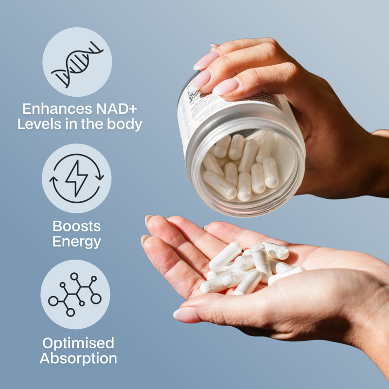 Hand holding a container of white capsules with text on a blue background