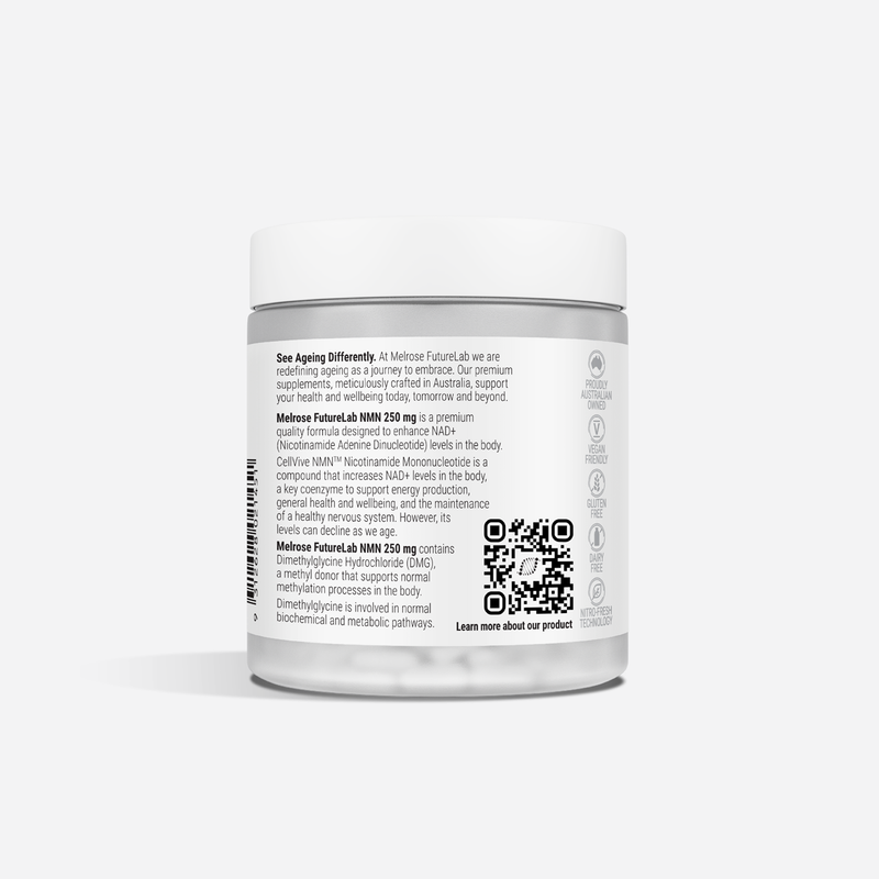 Container with label and QR code on a white background
