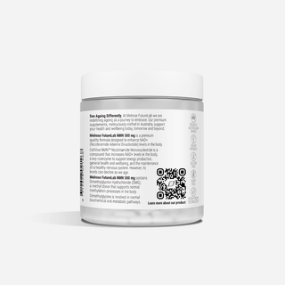 Container with label and QR code on a white background