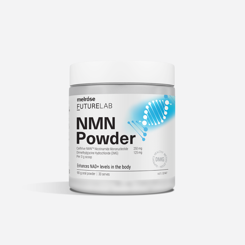 Container of melrose FutureLab NMN Powder on a white background