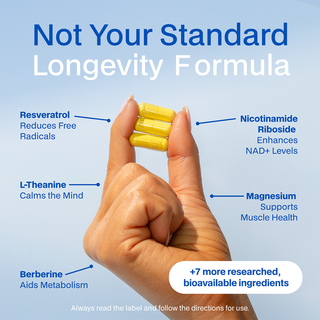 Hand holding yellow capsules with health benefits listed on a blue background