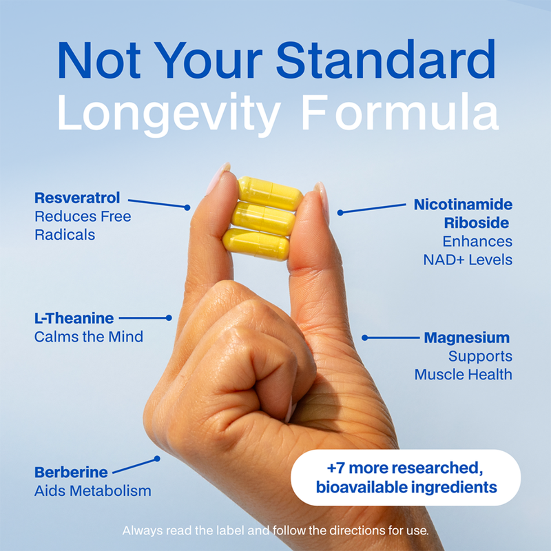 Hand holding yellow capsules with health benefits listed on a blue background