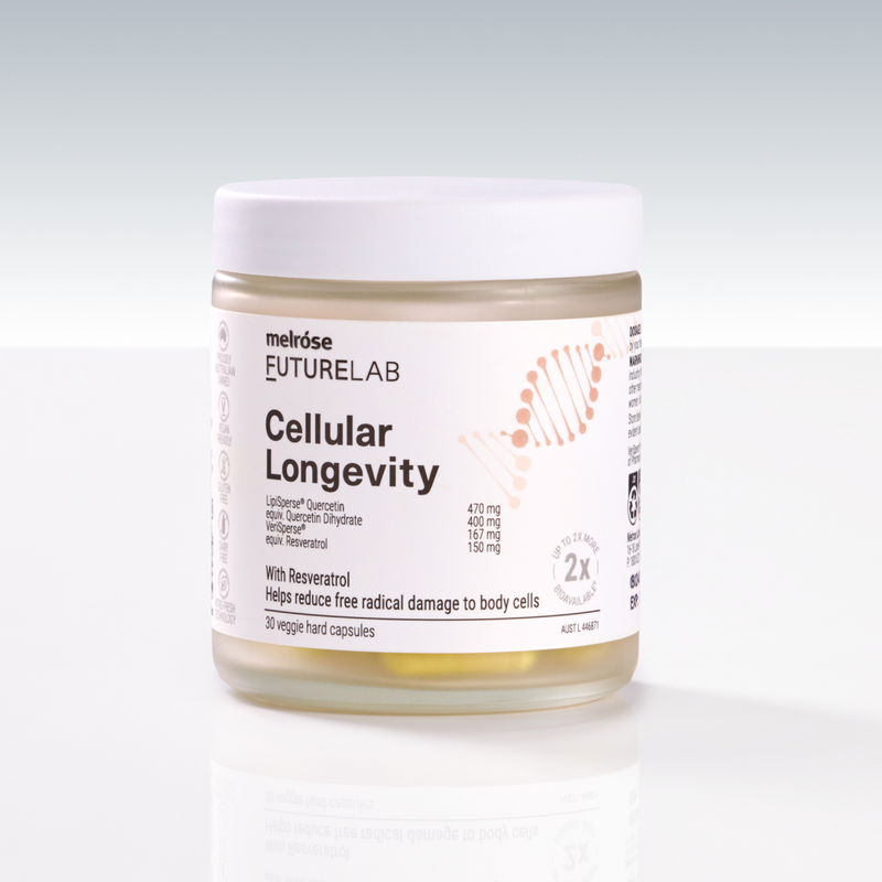 Melrose Futurelab Cellular Longevity supplement jar on a white background