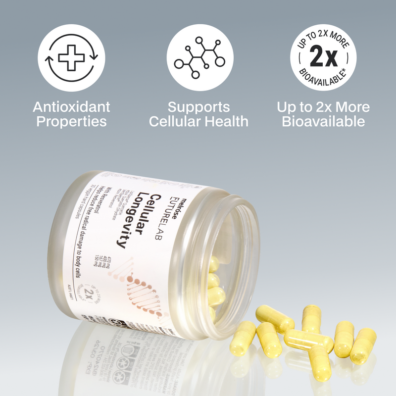 Supplement jar labeled 'Cellular Longevity' with yellow capsules on a light grey background