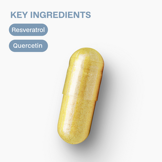 Yellow capsule with 'Resveratrol' and 'Quercetin' labeled on a white background