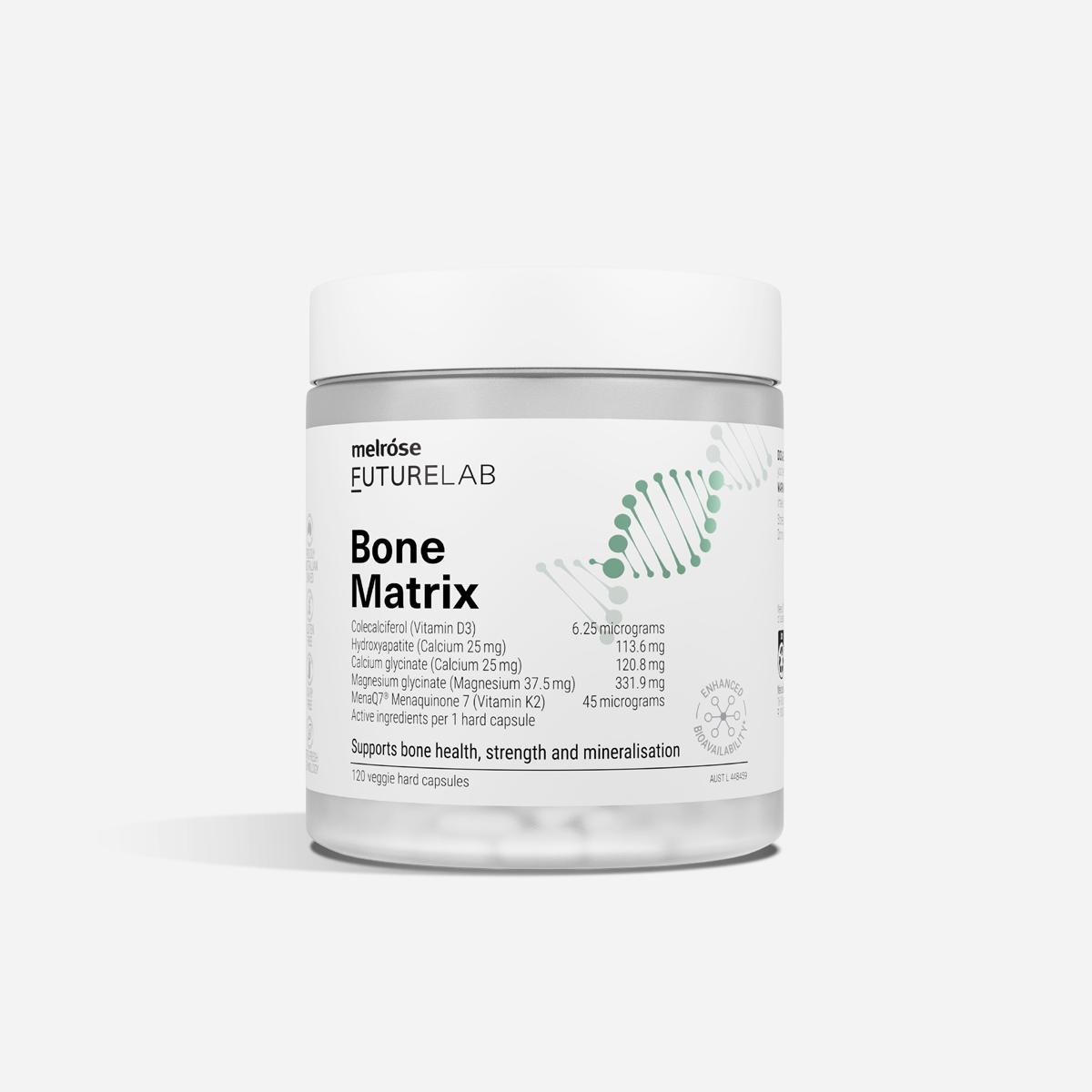 Melrose Futurelab Bone Matrix supplement container on a white background