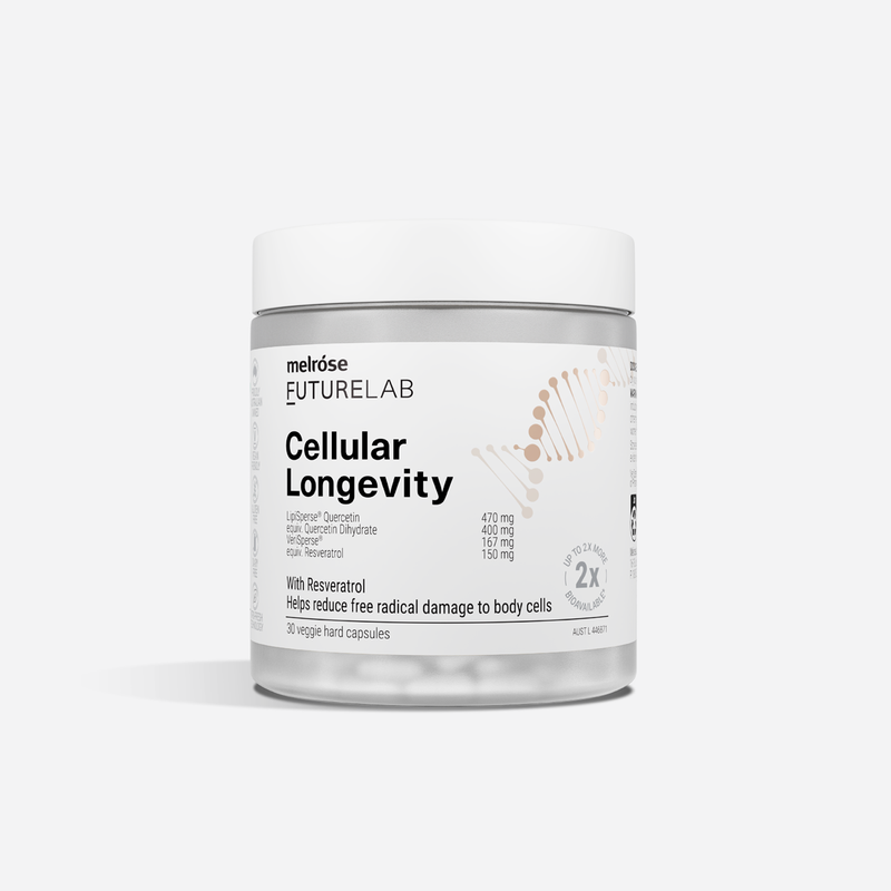 Melrose Futurelab Cellular Longevity supplement container on a white background