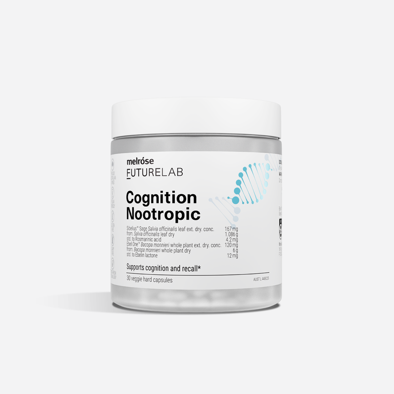 Cognition nootropic supplement container with 'Melrose Futurelab' branding on a white background