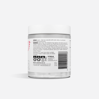 Back label of a supplement container on a white background