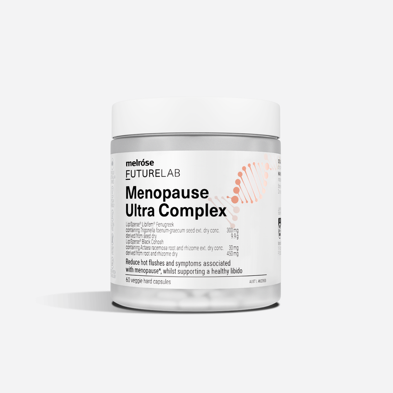 Menopause Ultra Complex supplement container with Futurelab branding on a white background