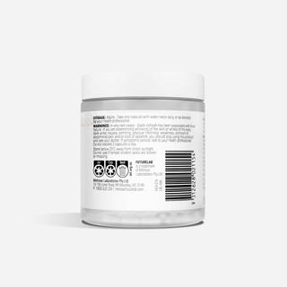 Back label of a supplement container on a white background