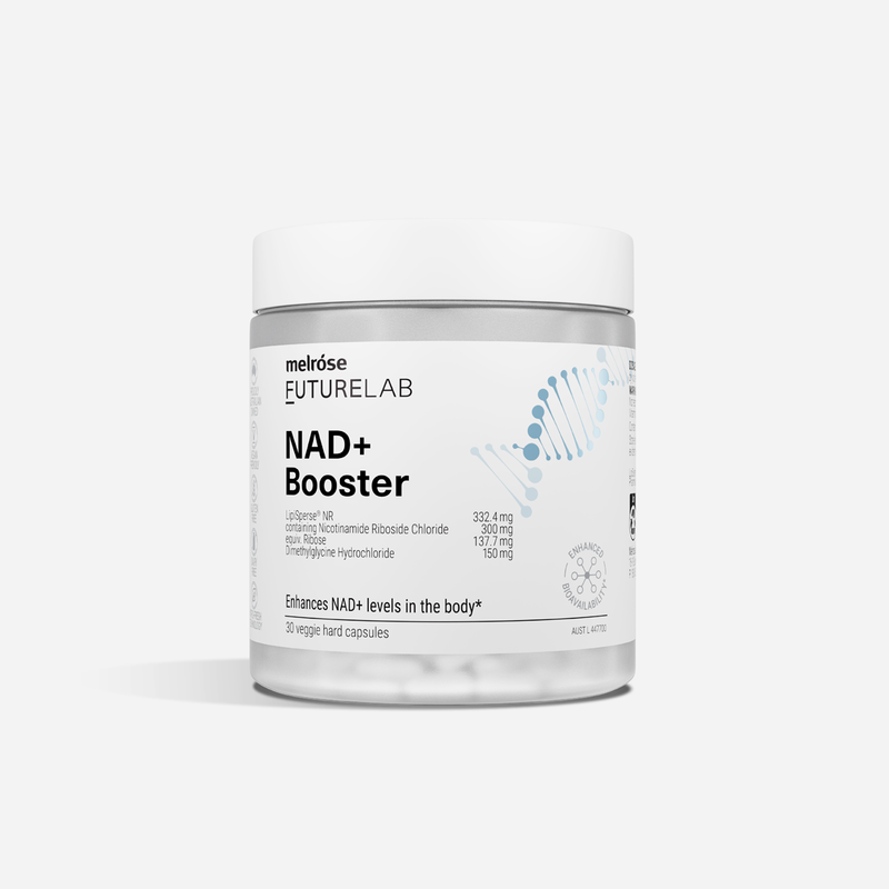 Melrose Futurelab NAD+ Booster supplement container on a white background