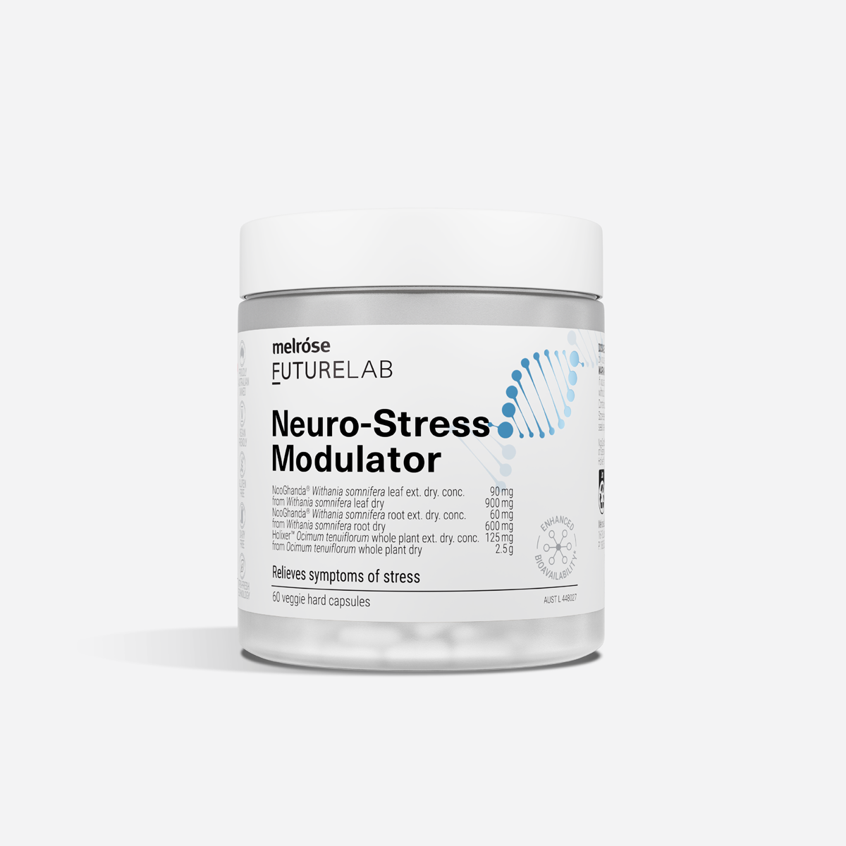 Melrose Futurelab Neuro-Stress Modulator supplement container on a white background
