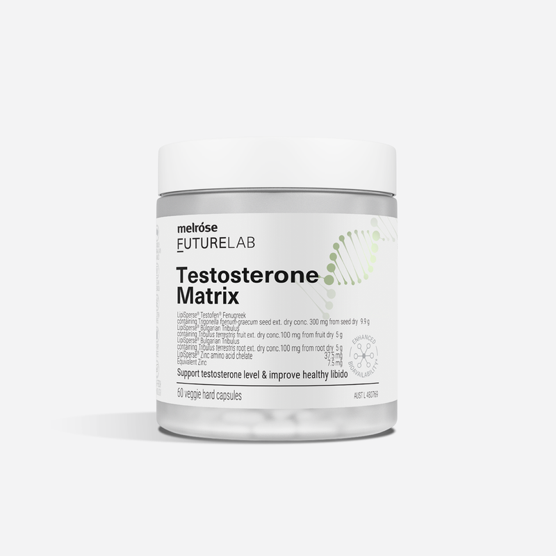Container of melrose Futurelab Testosterone Matrix on a white background